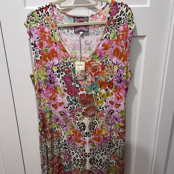 JOHNNY WAS NWT AUTHENTIC WILD GARDEN HIGH SLIT KNIT CAP SLEEVES MIDI DRESS - Picture 3 of 16